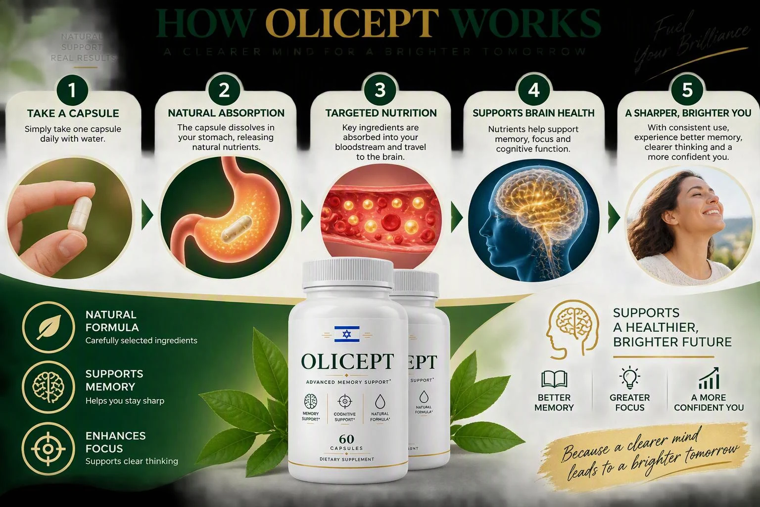 How Olicept works: take a capsule, natural absorption, targeted brain nutrition, supports brain health, a sharper and brighter you